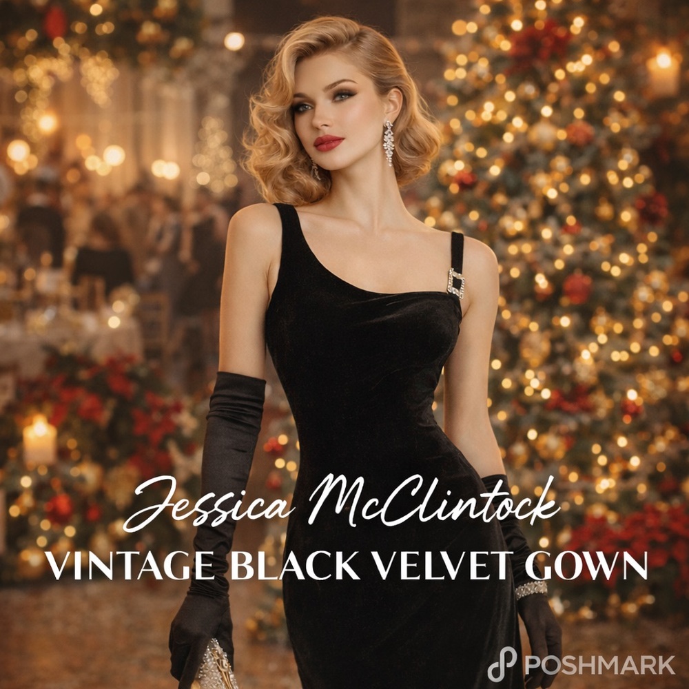 Vintage Y2K 90s‎ Jessica McClintock Black Velvet Dress Gown Rhinestone 7/8 Small